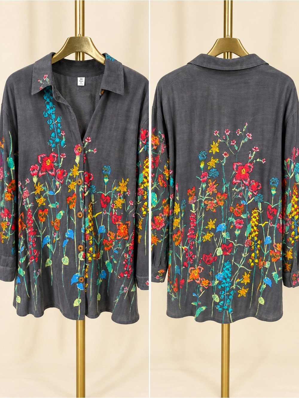 Parsley & Sage Charcoal Button-Front Jacket with Multicolor Floral Embroidery